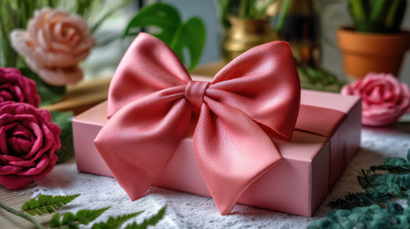 A beautifully arranged pink gift box adorned with a satin bow, complemented by lush greenery and vibrant flowers, perfect for celebrations and special occasions.の素材