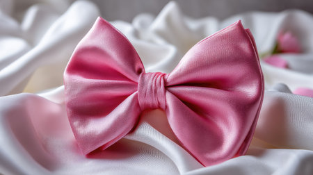 This captivating image features an elegant pink satin bow resting on soft white fabric, creating a stylish and sophisticated look. Ideal for festive themes.の素材