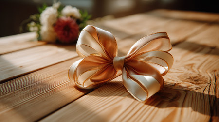 A beautiful satin bow in soft cream and gold tones rests on a rustic wooden surface. Natural light highlights its elegance, with a floral arrangement nearby, enhancing the romantic feel.の素材
