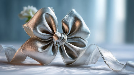 Captivating close-up of an elegant silver bow with soft light illuminating its shiny texture, accompanied by a delicate flower, perfect for gift presentations.の素材