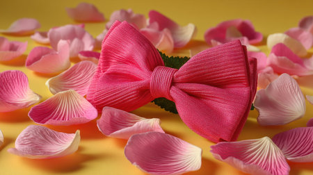 A vibrant pink bow tie rests elegantly on a bright yellow surface, surrounded by soft rose petals, creating a romantic and stylish atmosphere.の素材