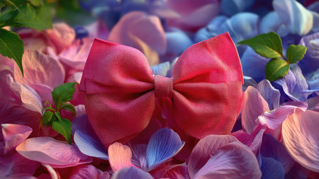 A charming pink fabric bow tie is beautifully set against a backdrop of colorful petals, bringing an elegant touch to any spring or floral-themed project.の素材