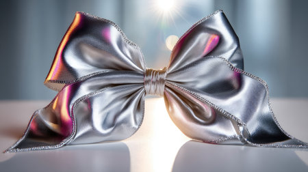 This captivating image features an elegant silver ribbon bow that gleams with shine and smooth texture, perfect for showcasing creativity in design.の素材