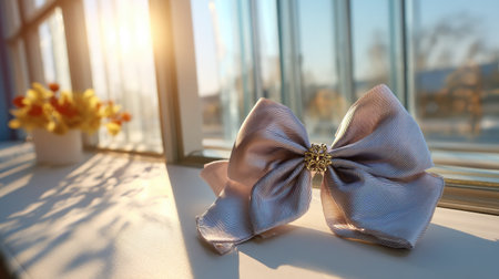 A beautifully crafted soft bow ribbon with a golden centerpiece rests on a window sill, capturing gentle sunlight and creating a warm, serene ambiance.の素材