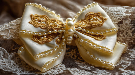 This image features a beautifully crafted satin bow adorned with intricate lace and pearl details, set against a soft fabric background, perfect for fashion or decoration themes.の素材
