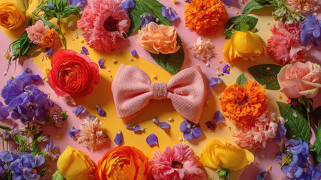 A stunning arrangement of vibrant flowers surrounding a soft pink bow on a bright backdrop, perfect for celebrations, events, and joyful moments.の素材
