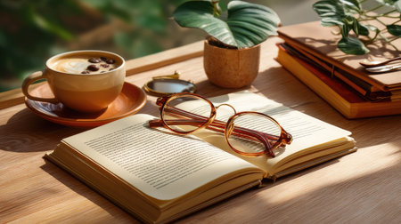 A serene image capturing a cozy reading nook with an open book, stylish glasses, a warm cup of coffee, and a rich green plant on a wooden table.の素材