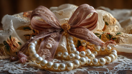 A stunning arrangement featuring elegant pearls intertwined with a delicate lace ribbon on a floral fabric backdrop, evoking a sense of vintage charm.の素材