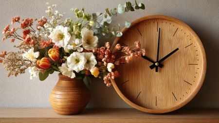 A stylish wooden clock complements a vibrant floral arrangement in a cozy indoor setting, perfect for enhancing home decor and creating a serene atmosphere.の素材