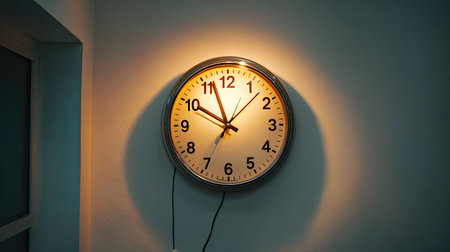 This image features an elegant wall clock with luminous numbers, casting warm light in a serene space, perfect for enhancing modern home interiors and design aesthetics.の素材