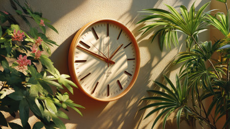 A beautiful vintage clock positioned against a textured wall with lush greenery in natural light, enhancing the tranquil atmosphere of home decor.の素材