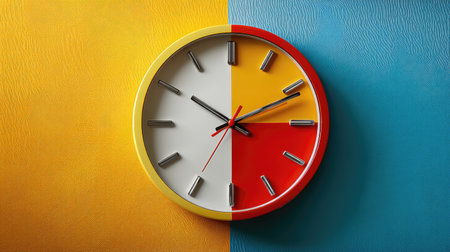 A vibrant and modern wall clock featuring a unique split design with bright yellow, red, and blue colors. Perfect element for any contemporary space.の素材