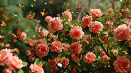 A stunning depiction of vibrant butterflies fluttering amidst lush pink flowers in a serene garden, showcasing the beauty of nature's delicate balance.の素材