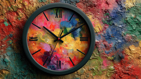 A vibrant wall clock featuring a unique artistic design against a colorful textured background, offering a perfect blend of functionality and creativity.の素材