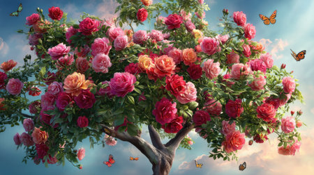 A stunning tree adorned with colorful roses and delicate butterflies, set against a serene sky. This vibrant scene captures the essence of nature and beauty.の素材