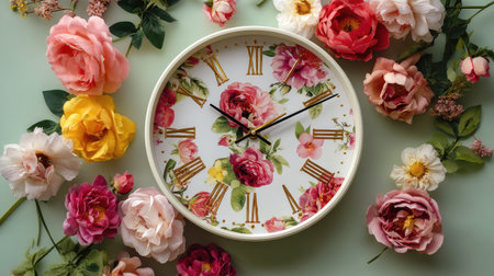A stunning vintage floral clock adorned with vibrant roses and peonies, set against a soft green background, embodies elegance and charm in any space.の素材