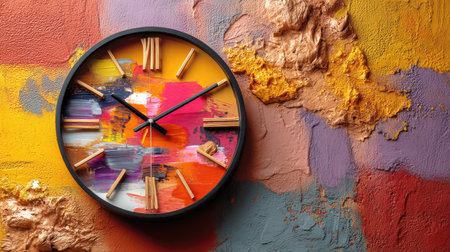 A modern wall clock featuring a vibrant abstract design against a textured background adds a touch of creativity and style to any indoor space.の素材