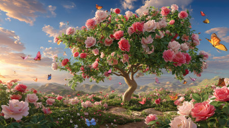 Experience a picturesque landscape featuring a majestic tree filled with vibrant roses, fluttering butterflies, and a serene sunset sky, perfect for evoking peace and beauty.の素材
