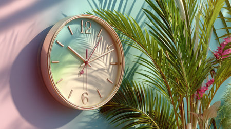 This aesthetically pleasing image features a modern wall clock against a backdrop of vibrant palm leaves, creating a bright and inviting atmosphere.の素材