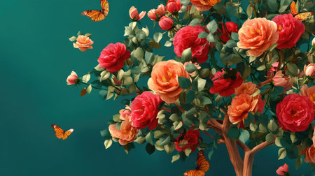 This captivating illustration features a vibrant tree adorned with roses and butterflies, set against a rich teal background, perfect for floral decor.の素材