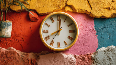 A striking vintage wall clock set against a vibrant abstract background, showcasing a blend of textures and colors, perfect for home or creative spaces.の素材
