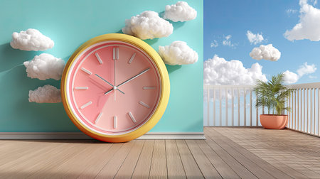 A vibrant, colorful wall clock with a pink face and yellow frame, set against a cheerful blue wall with soft clouds. Ideal for bright and modern interior decor.の素材