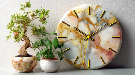 A stunning marble clock with yellow accents elegantly placed beside ornamental plants creates a sophisticated and serene atmosphere in any home or office.の素材