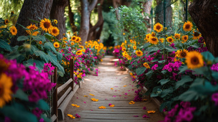 A stunning pathway features vibrant sunflowers and bougainvillea, creating an inviting atmosphere in a tranquil garden setting. Ideal for nature lovers.の素材