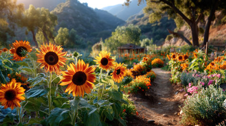 Captivating image of a sunflower field illuminated by the golden morning light, nestled amidst green hills and diverse colorful flowers, embodying nature's beauty.の素材