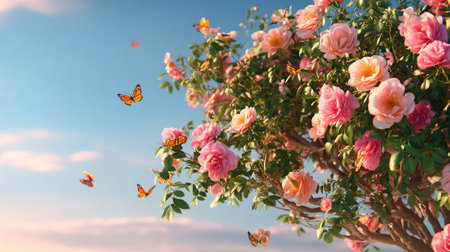 A beautiful scene featuring vibrant pink roses and delicate butterflies fluttering against a soft blue sky, embodying tranquility and the essence of nature's beauty.の素材