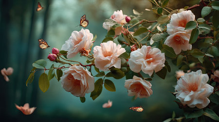 A stunning display of delicate flowers surrounded by gentle butterflies in a lush, serene setting, celebrating the beauty of nature and tranquility.の素材