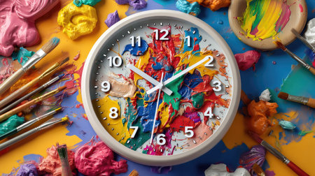 A vibrant clock surrounded by splashes of colorful paint and brushes creates a lively and artistic atmosphere, ideal for creative spaces.の素材