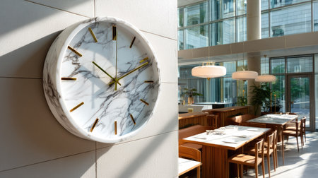 A stylish round marble clock enhances the modern restaurant decor, surrounded by elegant wooden furniture and abundant natural light, creating a vibrant ambiance.の素材