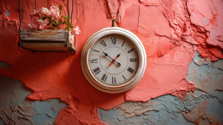 This image showcases a vintage wall clock adorned with roman numerals, complemented by a charming floral arrangement. The textured coral wall adds warmth and artistic flair to any interior space.の素材