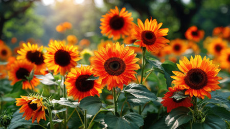 A stunning display of sunflowers featuring bright orange and yellow petals flourishing in a lush green field under a brilliant sunny sky.の素材
