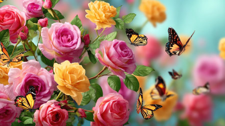 A stunning composition of vibrant roses in shades of pink, yellow, and orange, accompanied by delicate butterflies, set against a soft blue background.の素材