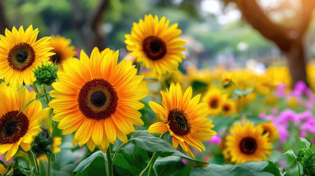 A stunning display of sunflowers in a lush garden, featuring bright yellow blooms and rich green foliage, perfect for capturing the essence of nature's beauty.の素材