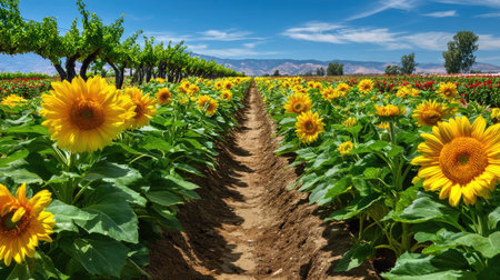 A scenic view of a sunflower field vividly showcases the beauty of nature with bright yellow flowers under a blue sky, creating a cheerful atmosphere.の素材
