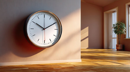 A sleek modern wall clock adds character to a minimalist room bathed in warm sunlight, featuring a vibrant green plant, creating a serene and stylish atmosphere.の素材