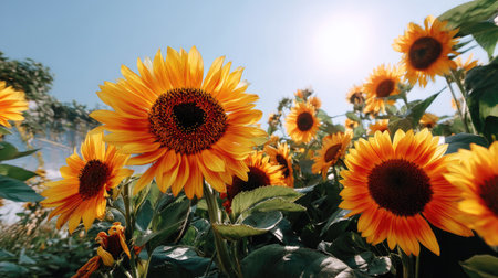 A stunning view of vibrant sunflowers blooming in a lush green field, basking under the bright blue sky on a sunny day, creating a cheerful atmosphere.の素材