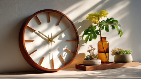 A serene display of a wooden clock alongside fresh flowers in stylish vases, beautifully illuminated by soft natural light, enhancing cozy home decor.の素材