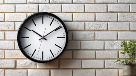 A stylish modern wall clock hangs on a textured brick wall, complemented by a small plant in a pot, creating a serene and elegant atmosphere for any interior space.の素材