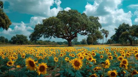 A breathtaking view of a sunflower field, showcasing bright yellow blooms stretching across the landscape beneath a vivid blue sky scattered with fluffy clouds.の素材