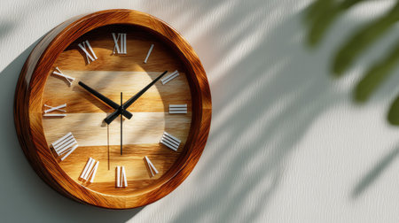 A beautifully crafted wooden clock with Roman numerals, casting intriguing shadows on a textured wall, ideal for adding elegance to any interior space.の素材