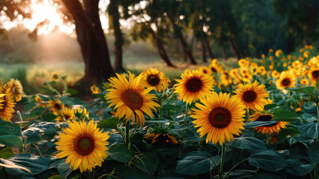 A captivating scene of sunflowers blooming in a field during sunrise, showcasing vibrant colors and dappled sunlight filtering through trees.の素材