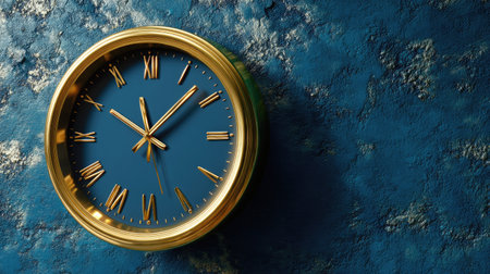 A stunning round wall clock featuring Roman numerals and gold accents set against a vibrant blue textured background. Perfect for enhancing any space.の素材