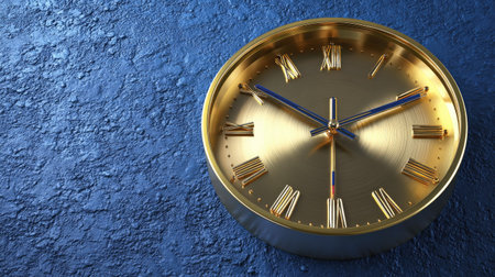A stunning gold clock with Roman numerals rests on a textured blue wall, embodying elegance and sophistication suitable for any interior design.の素材