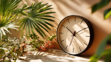 This image features a stylish clock nestled among lush green leaves and delicate flowers, capturing a serene ambiance bathed in soft sunlight.の素材