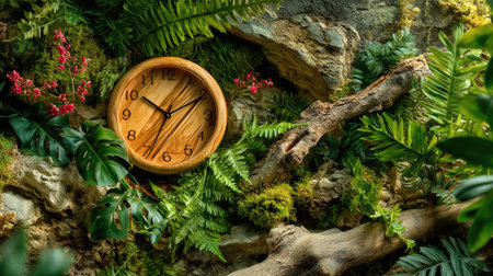 A beautifully crafted wooden clock is prominently displayed amidst rich greenery and natural elements, creating a calming and inviting atmosphere that celebrates nature's beauty.の素材