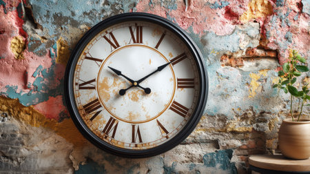 A stunning vintage clock placed on a textured wall featuring colorful peeling paint. The scene is enhanced by a decorative plant, offering rustic charm.の素材